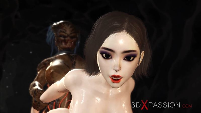 火辣美丽的黑髮被怪物futanari在她的屁股上性交